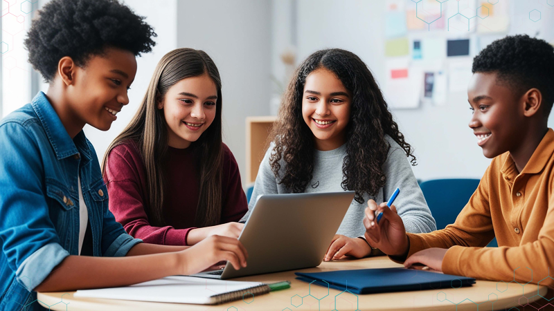A group of middle school students sitting at a table and working at a laptop