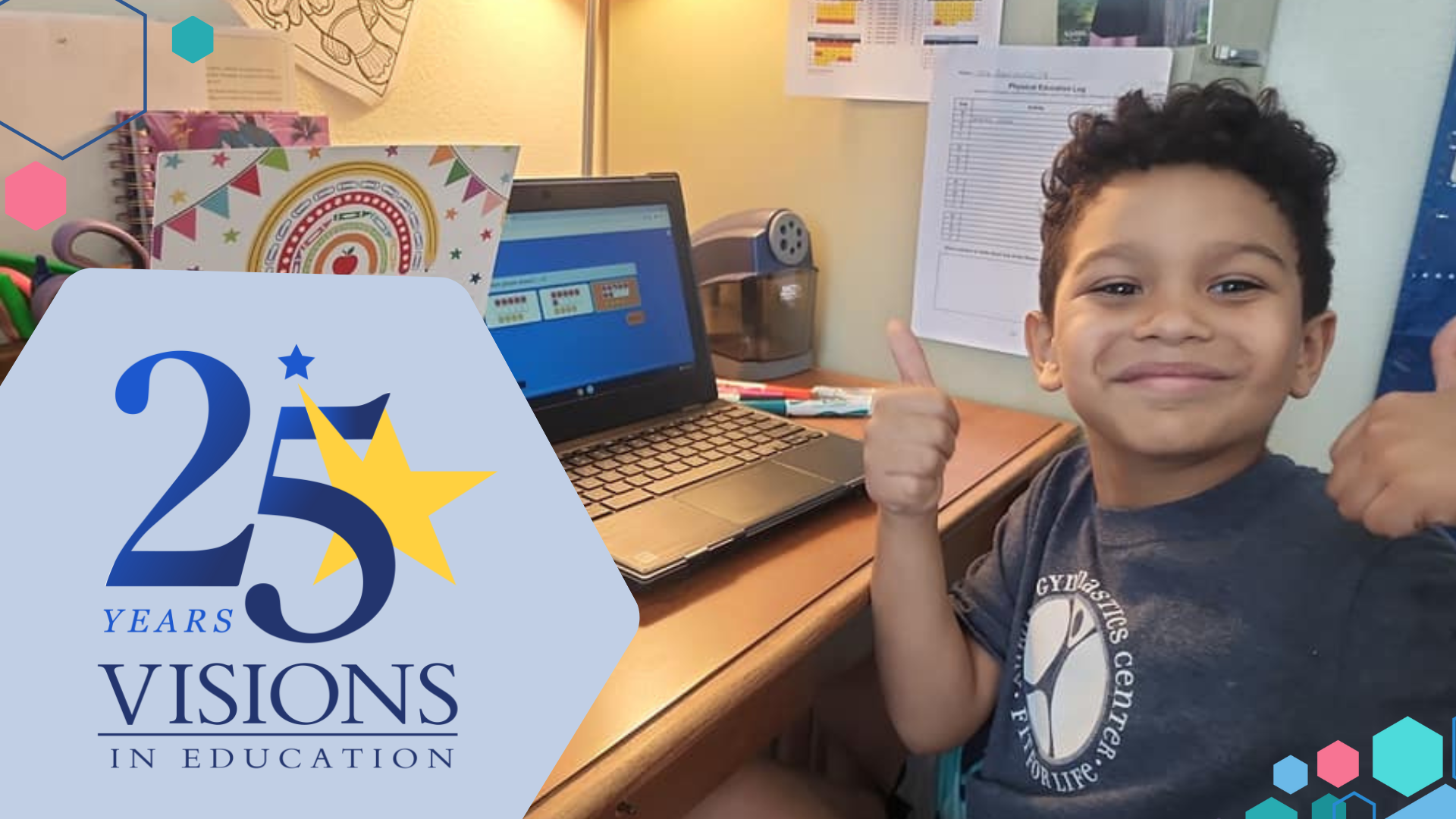 Visions 25 Year Anniversary logo along side a young boy sitting at a home desk giving a thumbs up beside a laptop