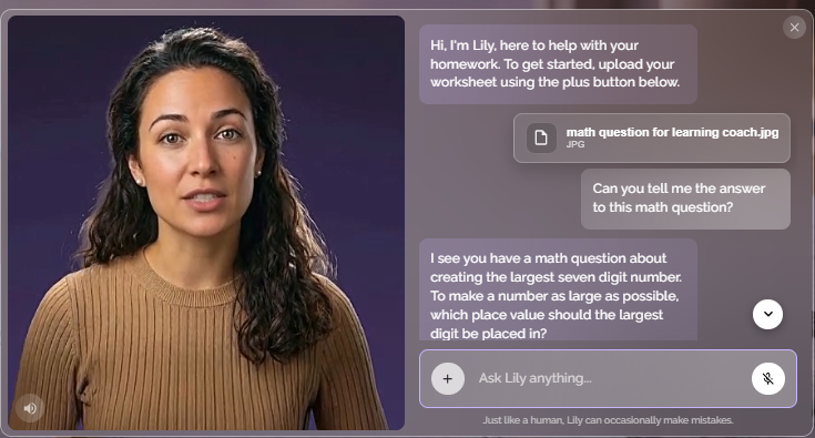 Homework Helper in Lincoln AI Learning Coach: the AI coach Lily asks a student to upload a worksheet, and the student asks for the answer to a math question